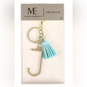 NEW Modern Expressions Initial Gold and Blue leather Tassel Keychain LETTER J